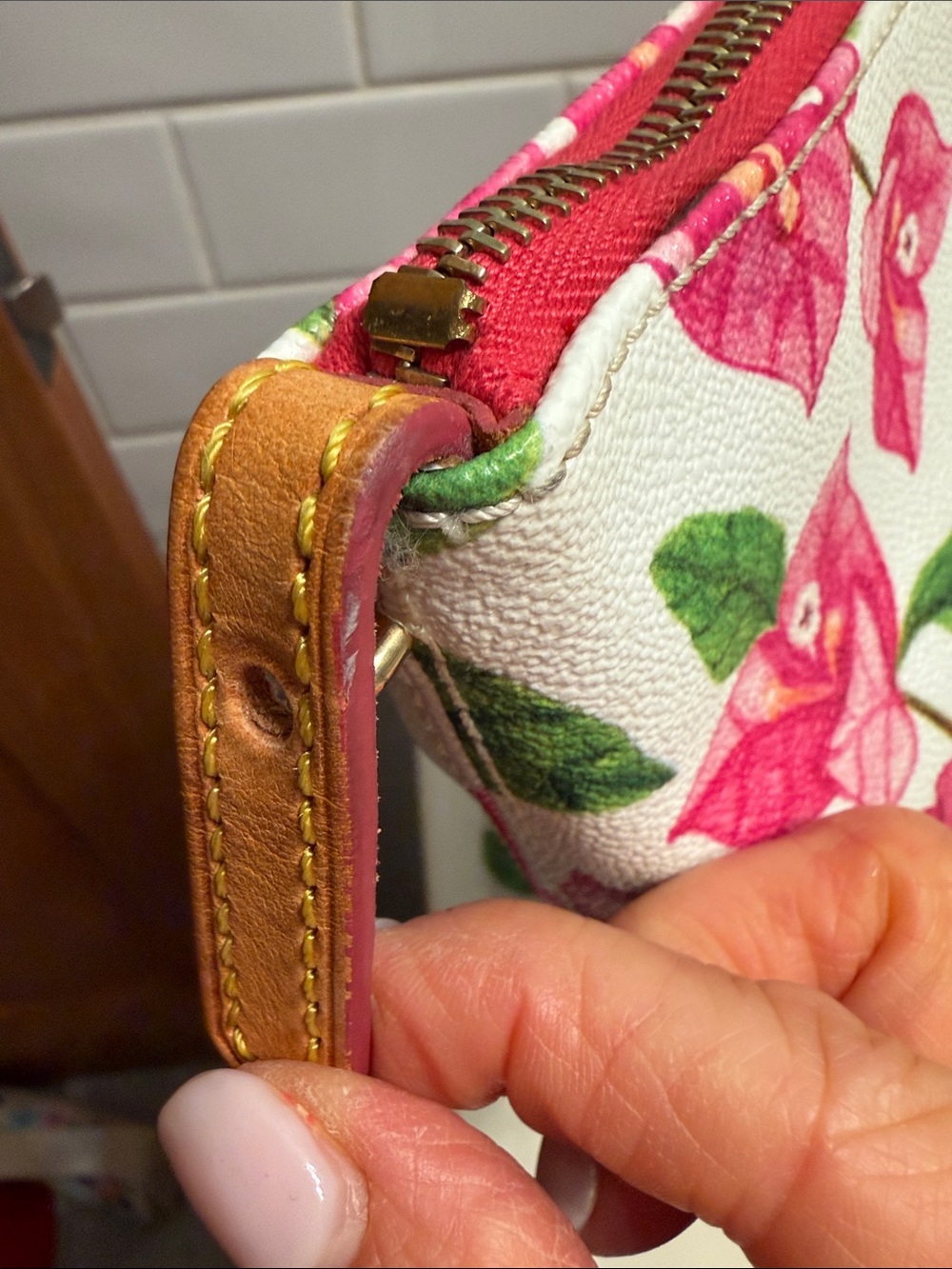 Dooney & Bourke Pink Floral LeatherTote with Tan Straps - Picture 5 of 12